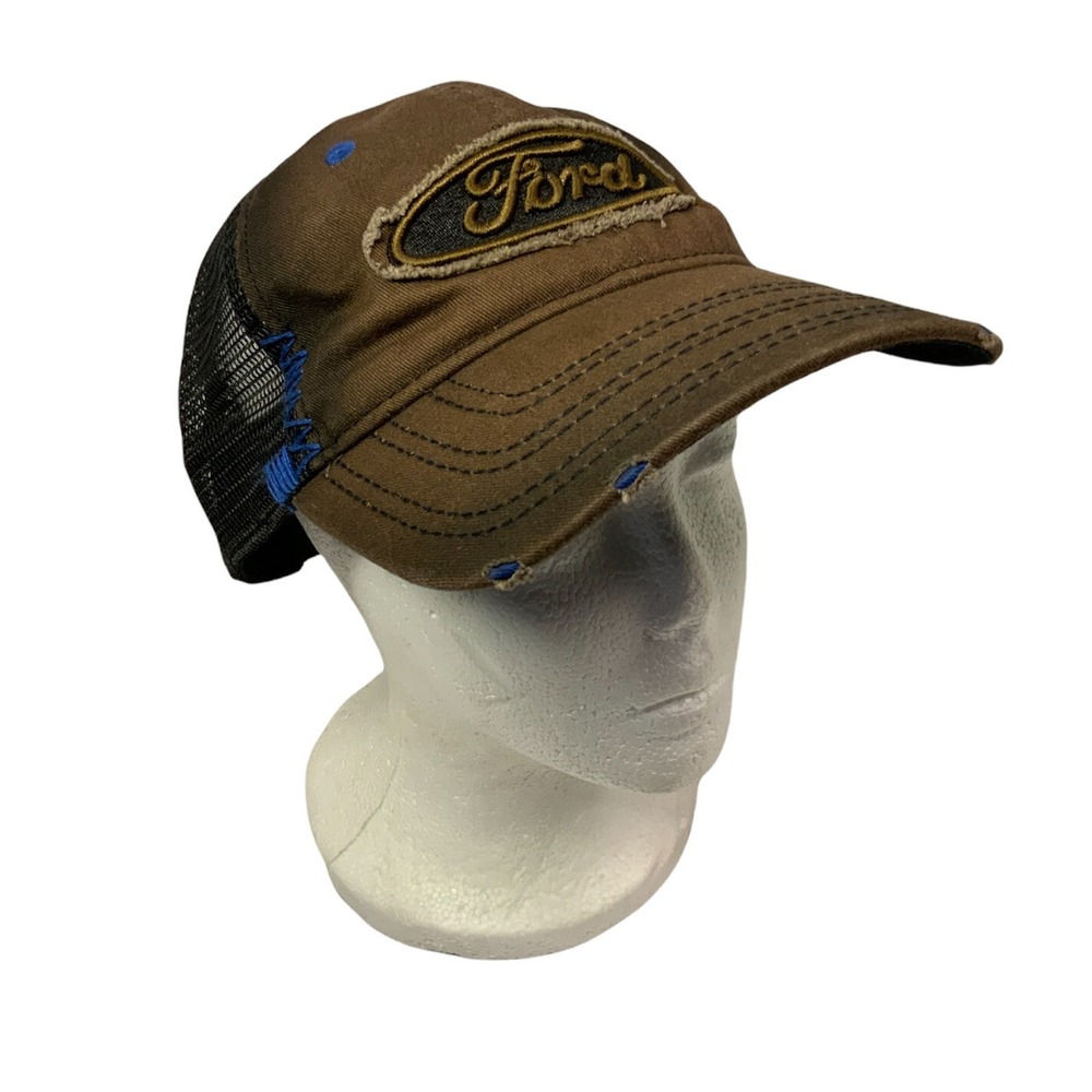 Ford Men's Embroidered Logo Wash Mesh Trucker Hat Cap Brown